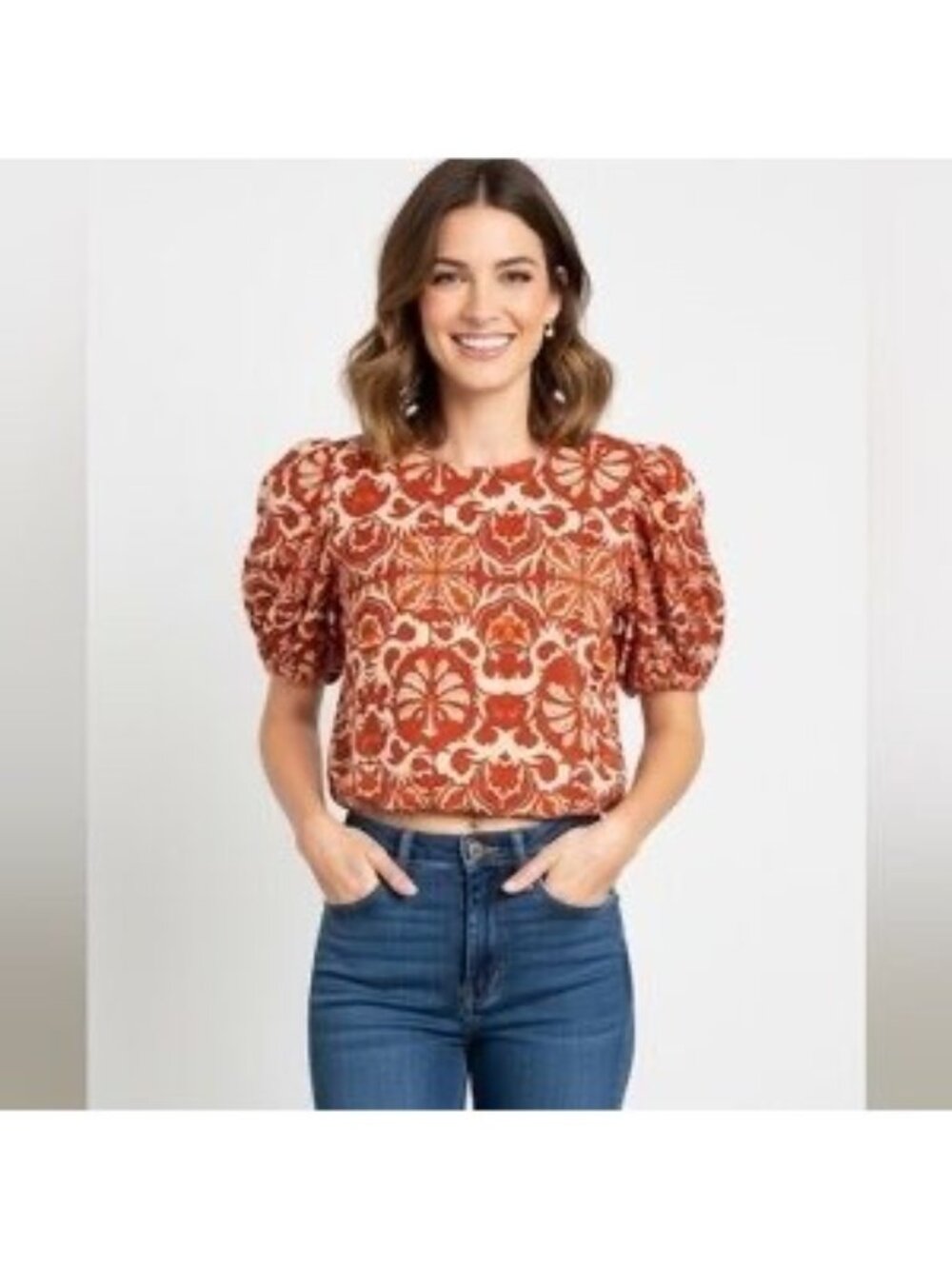 Rachel Zoe Linen Puff Sleeve Floral Boho Print Cropped Hippie Top